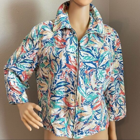 Coldwater Creek 3/4 Sleeve Colorful Watercolor Design Floral Zipper Jacket Large - Picture 5 of 13